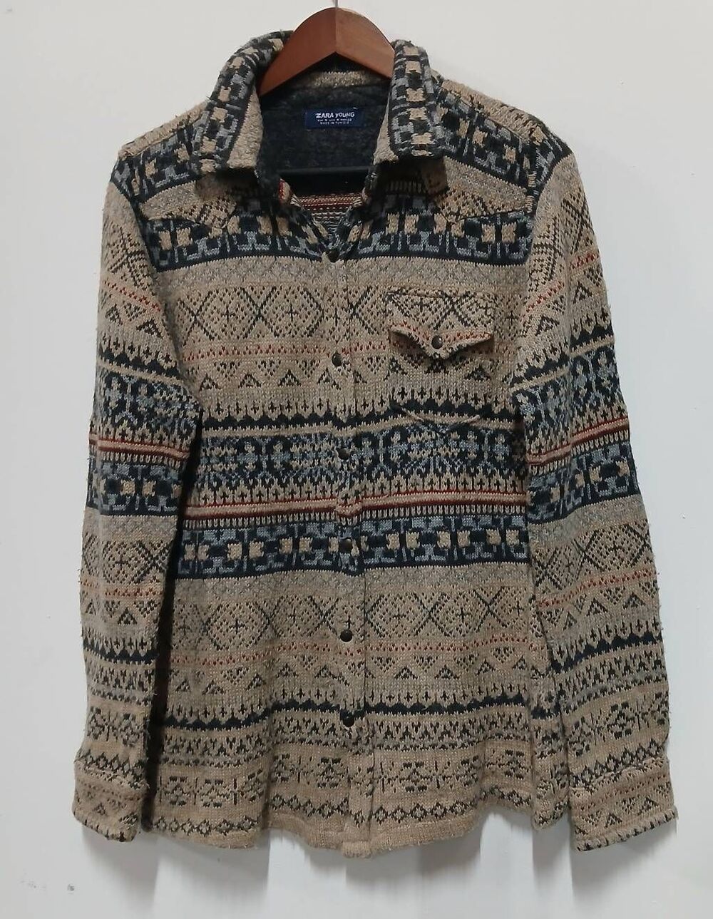 90's vintage Zara young mens medium sweater tan Southwestern Nordic wool alpaca
